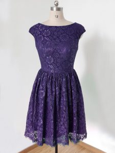 Knee Length Purple Court Dresses for Sweet 16 Lace Cap Sleeves Lace