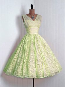 Sumptuous Sleeveless Mini Length Lace Lace Up Quinceanera Court Dresses with Yellow Green