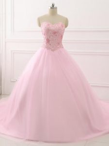 Pretty Baby Pink Ball Gowns Beading Quinceanera Gown Lace Up Tulle Sleeveless