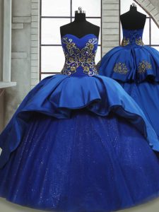 Custom Design Royal Blue Lace Up Sweetheart Beading and Appliques Quince Ball Gowns Satin and Tulle Sleeveless Sweep Train