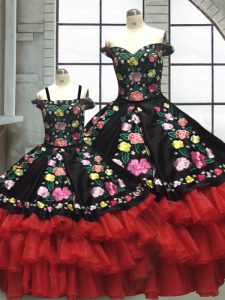 Lovely Red And Black Off The Shoulder Neckline Embroidery and Ruffled Layers Vestidos de Quinceanera Sleeveless Lace Up