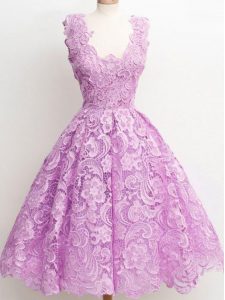 Elegant A-line Damas Dress Lilac Straps Lace Sleeveless Knee Length Zipper
