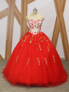 Sweetheart Sleeveless Quinceanera Gown Sweep Train Embroidery and Ruffled Layers Red Tulle