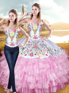 Stylish Rose Pink Two Pieces Sweetheart Sleeveless Organza and Taffeta Floor Length Lace Up Embroidery and Ruffled Layers Quinceanera Gowns