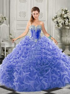 Blue Sweetheart Neckline Beading and Ruffles Quince Ball Gowns Sleeveless Lace Up