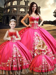 Dazzling Hot Pink Ball Gowns Beading and Embroidery Quinceanera Dress Lace Up Taffeta Sleeveless Floor Length