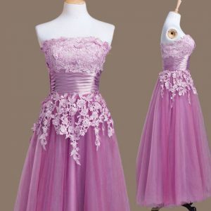 Affordable Sleeveless Tulle Tea Length Lace Up Dama Dress in Lilac with Appliques