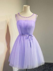 Comfortable Lavender Tulle Lace Up Scoop Sleeveless Knee Length Quinceanera Court of Honor Dress Belt