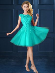 Turquoise A-line Lace and Belt Quinceanera Court of Honor Dress Lace Up Tulle Cap Sleeves Knee Length