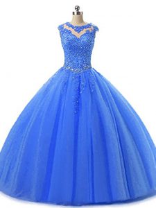 Edgy Scoop Sleeveless Ball Gown Prom Dress Floor Length Beading and Lace Blue Tulle