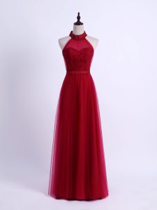 Wine Red Empire Halter Top Sleeveless Tulle Floor Length Lace Up Lace and Appliques Vestidos de Damas