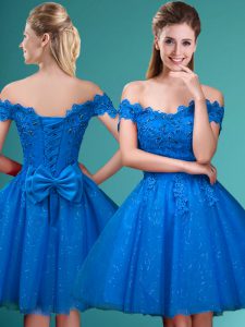 Fantastic Off The Shoulder Sleeveless Quinceanera Dama Dress Knee Length Lace and Belt Blue Tulle