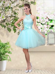 Exceptional Tulle Sleeveless Knee Length Dama Dress for Quinceanera and Lace and Belt