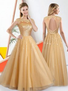 Sleeveless Tulle Floor Length Backless Quinceanera Court of Honor Dress in Champagne with Beading and Lace