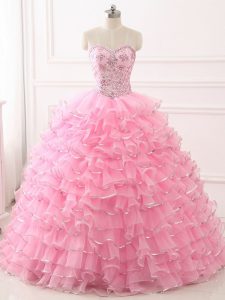 Fabulous Baby Pink Organza Lace Up Sweetheart Sleeveless Quinceanera Gowns Sweep Train Beading and Ruffled Layers