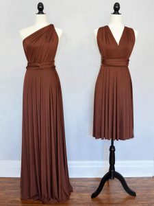 Custom Made Brown Lace Up One Shoulder Ruching Quinceanera Court of Honor Dress Chiffon Sleeveless