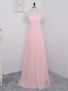 Floor Length Baby Pink Dama Dress Chiffon Short Sleeves Lace