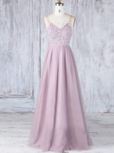 Pink Clasp Handle V-neck Lace Dama Dress Tulle Sleeveless