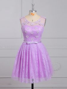 Fancy Sleeveless Lace Mini Length Lace Up Quinceanera Court Dresses in Lilac with Appliques and Belt
