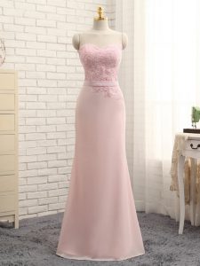 Baby Pink Column/Sheath Sweetheart Sleeveless Chiffon Floor Length Zipper Lace Dama Dress for Quinceanera