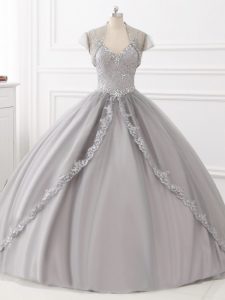 Comfortable Sleeveless Tulle Floor Length Lace Up Sweet 16 Dress in Grey with Beading and Appliques