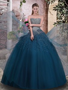 Artistic Strapless Sleeveless Lace Up Vestidos de Quinceanera Teal Tulle