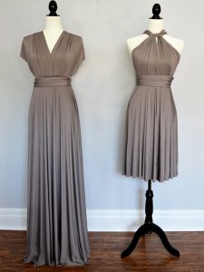 Free and Easy Floor Length Grey Dama Dress for Quinceanera Chiffon Sleeveless Ruching