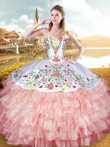 Peach Sweetheart Lace Up Embroidery and Ruffled Layers 15 Quinceanera Dress Sleeveless