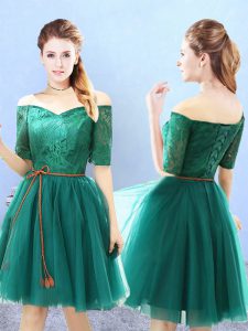 Glamorous Green A-line Off The Shoulder Half Sleeves Tulle Knee Length Lace Up Lace Dama Dress