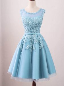 Knee Length Aqua Blue Court Dresses for Sweet 16 Tulle Sleeveless Lace
