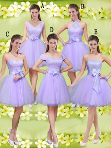 Sleeveless Knee Length Lace and Belt Lace Up Damas Dress with Lilac