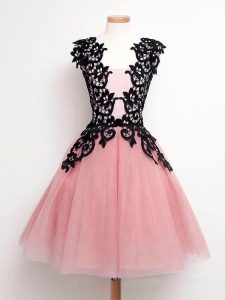 Sweet A-line Damas Dress Pink Straps Tulle Sleeveless Knee Length Lace Up