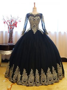 Perfect Navy Blue Ball Gowns Scoop Long Sleeves Organza Floor Length Lace Up Appliques Sweet 16 Quinceanera Dress