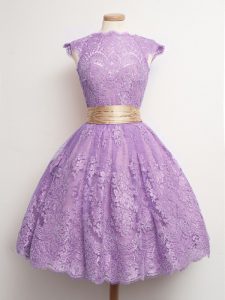 Dynamic Lavender Quinceanera Dama Dress Prom and Party and Wedding Party with Belt High-neck Cap Sleeves Lace Up