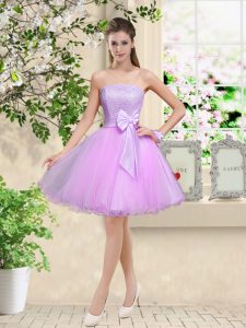 Knee Length Lilac Dama Dress Off The Shoulder Sleeveless Lace Up
