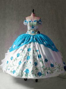 Popular Blue And White Cap Sleeves Organza and Taffeta Lace Up 15th Birthday Dress for Military Ball and Sweet 16 and Quinceanera