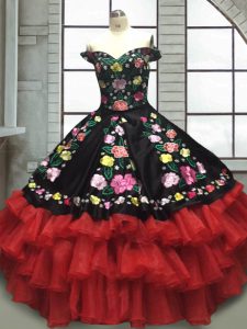 Enchanting Off The Shoulder Sleeveless Quinceanera Gowns Floor Length Embroidery and Ruffled Layers Red And Black Organza and Taffeta