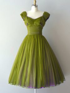 Fancy Olive Green Chiffon Lace Up Vestidos de Damas Cap Sleeves Knee Length Ruching