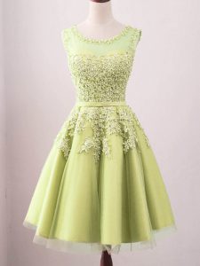 Inexpensive Yellow A-line Scoop Sleeveless Tulle Knee Length Lace Up Lace Quinceanera Court of Honor Dress