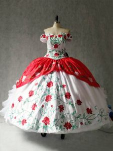 Eye-catching Floor Length White And Red Sweet 16 Quinceanera Dress Off The Shoulder Cap Sleeves Lace Up