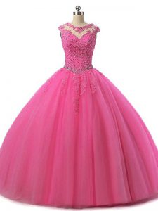 Free and Easy Scoop Sleeveless Lace Up 15th Birthday Dress Hot Pink Tulle