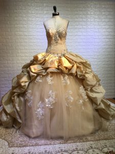 Luxury Gold Lace Up Sweetheart Beading and Appliques and Pick Ups Sweet 16 Dresses Taffeta and Tulle Sleeveless Court Train