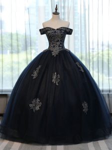 Chic Tulle Off The Shoulder Sleeveless Lace Up Appliques Quince Ball Gowns in Navy Blue