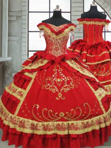 Trendy Red Ball Gowns Satin and Taffeta Off The Shoulder Cap Sleeves Beading and Embroidery and Ruffled Layers Floor Length Zipper 15 Quinceanera Dress