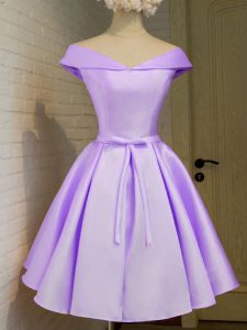 New Arrival A-line Dama Dress for Quinceanera Lavender Off The Shoulder Taffeta Cap Sleeves Knee Length Lace Up