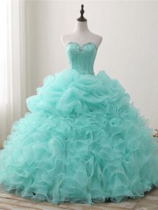 Inexpensive Apple Green Lace Up Quinceanera Gowns Beading and Ruffles and Pick Ups Sleeveless Floor Length