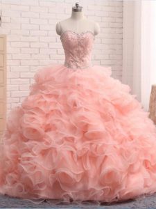 Cute Pink Sleeveless Beading and Ruffles Floor Length Sweet 16 Quinceanera Dress