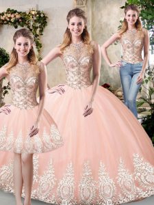 Peach Three Pieces Beading and Lace and Appliques Vestidos de Quinceanera Backless Tulle Sleeveless Floor Length