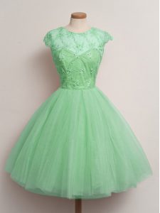 Knee Length Turquoise Quinceanera Court of Honor Dress Tulle Cap Sleeves Lace