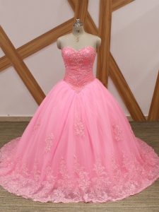 Extravagant Lace Up Quince Ball Gowns Rose Pink for Military Ball and Sweet 16 and Quinceanera with Beading and Lace Brush Train